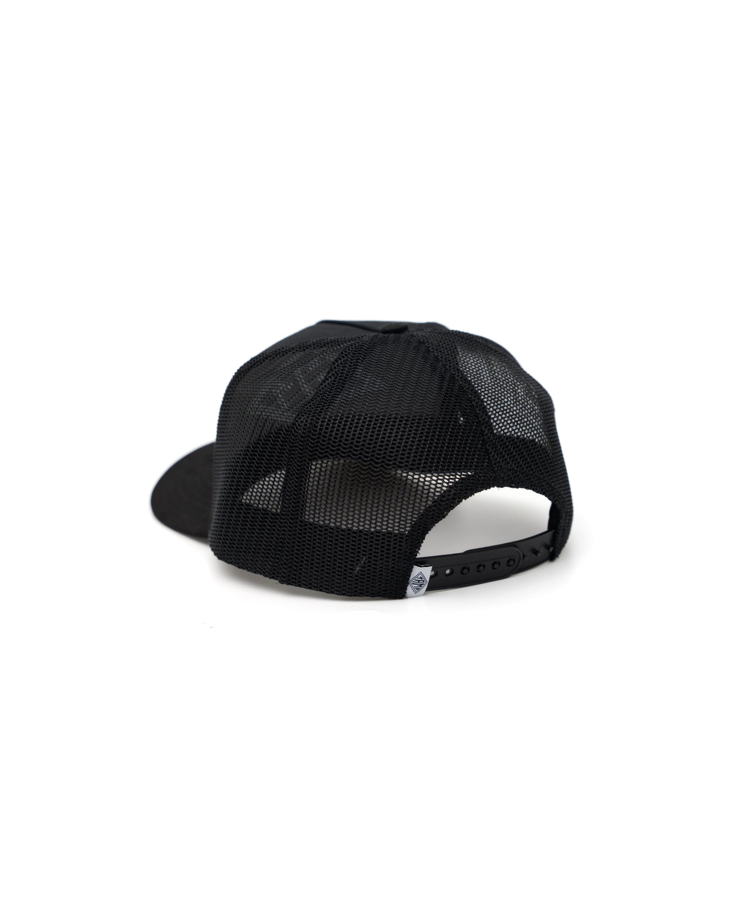 Back view of black fabric trucker cap with black mesh and white Tamp Coffee logo in Japanese