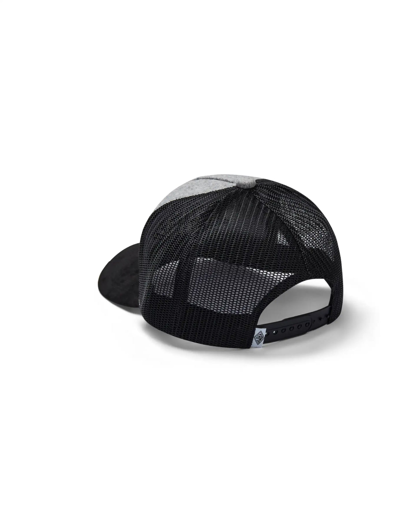 Back view of grey trucker cap with black mesh and black Tamp Coffee logo
