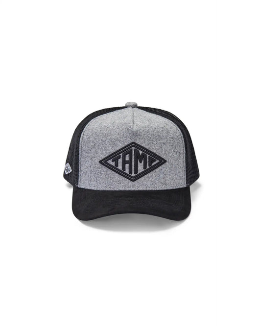 Grey trucker cap with black mesh and black Tamp Coffee logo