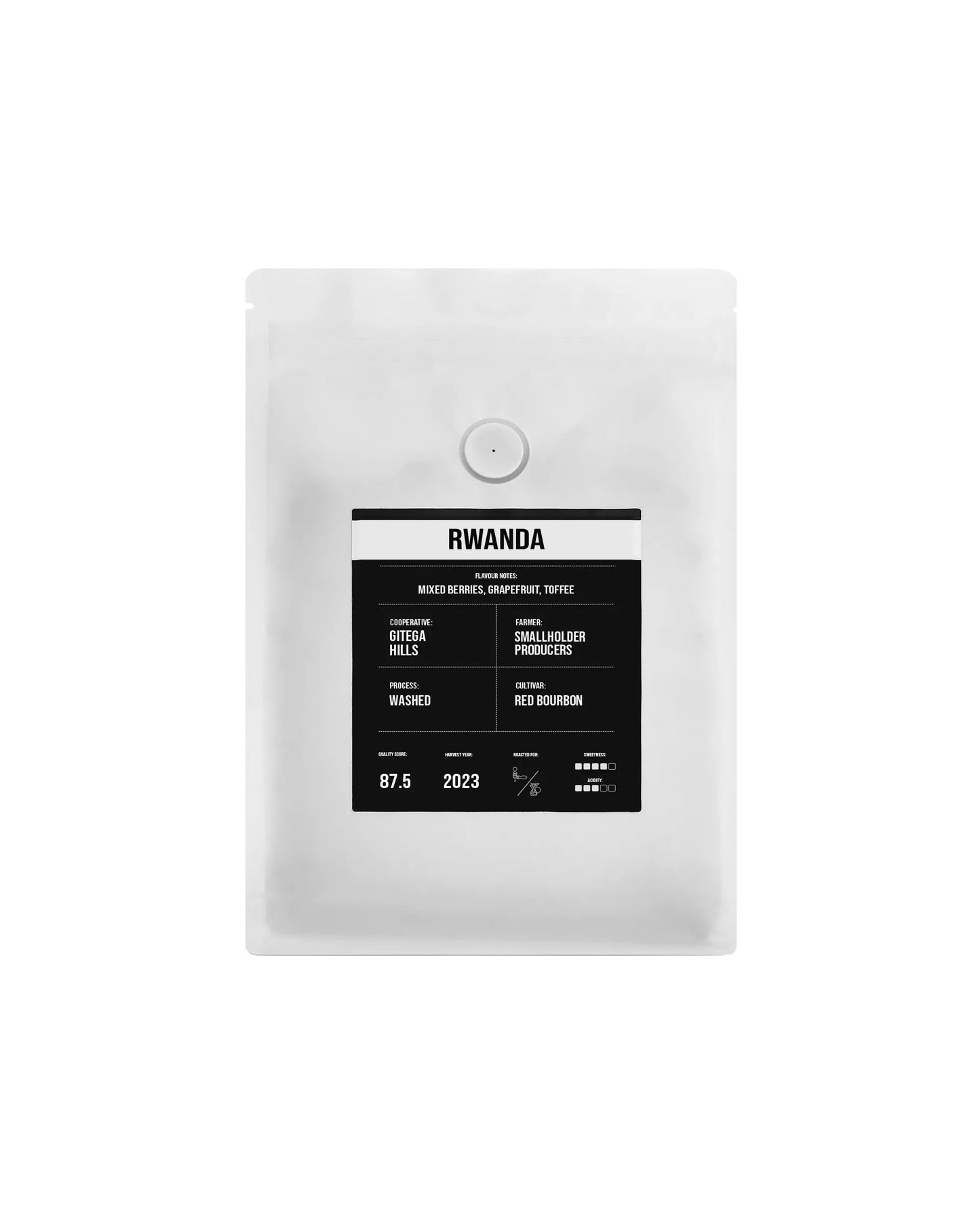 Bag of specialty decaf filter coffee from Rwanda Gitega Hills roasted by Tamp Coffee, London, UK